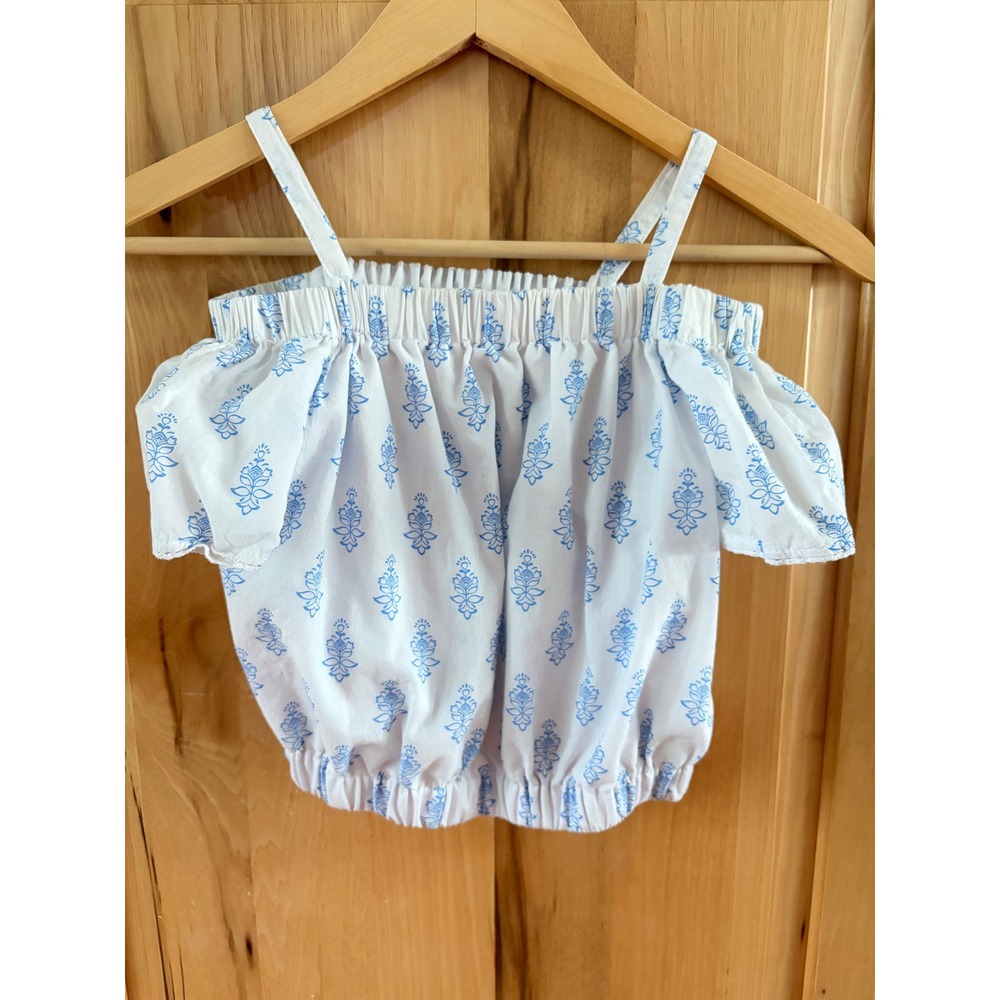Haute Hippie Kids Blue White Floral Cold Shoulder Bubble Top Size M 7/8